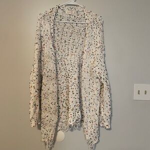 Ivory Open-Front Rainbow Speckled Knit Cardigan with Distressing
